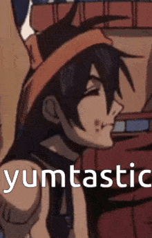 a close up of a person 's face with the words yumtastic written on it .