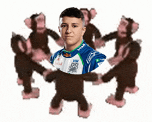 a group of monkeys are dancing around a man in a visa dr jacket