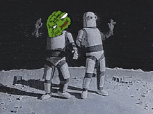 two robots are standing on the moon and one has a green head