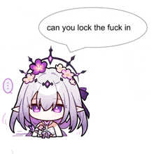 a cartoon of a girl with flowers on her head and a speech bubble that says can you lock the fuck in