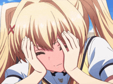 a blonde anime girl with pigtails is covering her face with her hands
