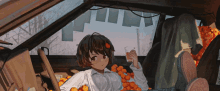 a girl sits in a car surrounded by oranges holding a glass of orange juice