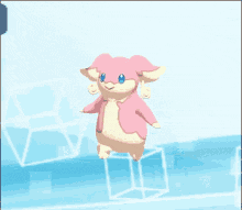 a pink and yellow cartoon character is standing on a cube
