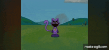a purple cat with a yellow crescent moon on its chest is standing in a grassy field .