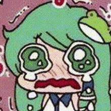 a cartoon of a girl with green hair and a frog on her head .