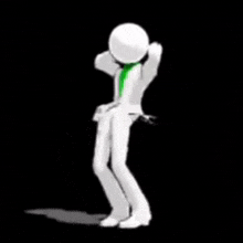 a 3d man in a white suit and green tie is dancing with a ball on his head .