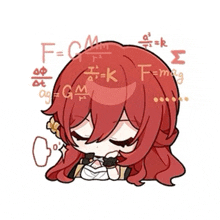 a cartoon girl with red hair is surrounded by math equations