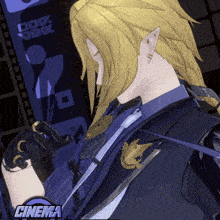 a man in a suit and tie is standing in front of a sign that says cinema
