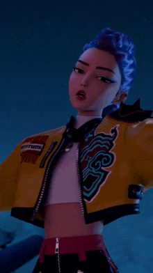 a girl with purple hair is wearing a yellow jacket that says " bottom " on it
