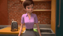 a woman in a purple shirt is standing in front of a sink and toaster