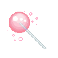 a pixel art illustration of a pink lollipop on a stick with bubbles around it .