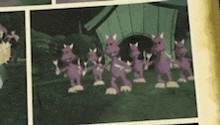 a group of purple cartoon characters standing next to each other in a field .