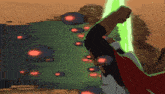 a man in a red cape holds up his fist in front of a green background