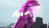 a purple monster is flying through the air in front of a city skyline