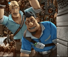 two cartoon characters are standing next to each other and one has a badge that says ' a ' on it