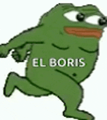 a cartoon frog with the words `` el boris '' on it is running .