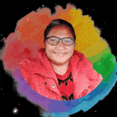 a woman wearing glasses and a red jacket is smiling in a rainbow colored circle
