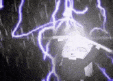 a black and white drawing of a person holding a sword in front of a lightning storm .