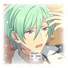 a drawing of a boy with green hair and purple eyes has the name tatsumi de hime on the bottom