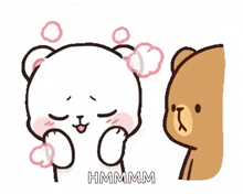a couple of teddy bears are standing next to each other and one of them is covering its mouth with its hands .