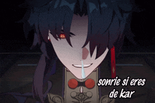 a close up of a person with the words sonrie si eres de kar below them