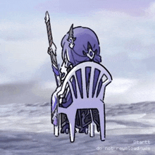 a cartoon of a girl sitting in a chair holding a sword .