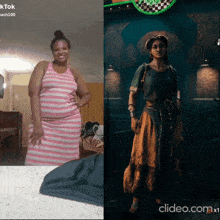 a woman in a striped dress is next to a woman in a green dress