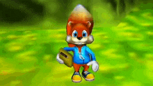 a cartoon squirrel is standing on a green field holding a radio .
