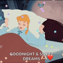 a cartoon of cinderella sleeping in bed with the words goodnight and sweet dreams