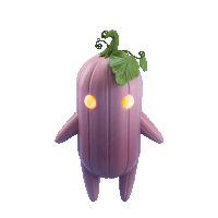 a purple cartoon character with a green leaf on top of it
