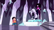 a cartoon character named steven sits on a throne with garnet and amethyst