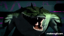 a cartoon crocodile with its mouth open and sharp teeth is standing in a dark room .