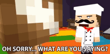 a chef with a mustache is standing next to a box that says toys