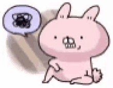 a pink bunny rabbit is sitting down with a speech bubble above it .