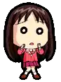 a pixel art drawing of a girl with brown hair and a red shirt and skirt .