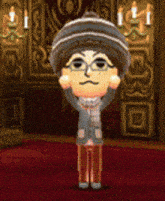 a cartoon character wearing a hat and glasses is standing in a room with candles .