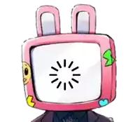 a pink cartoon character with a loading screen on his face