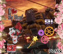 a picture of a robot with the words " i love my mom " on it