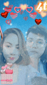a man and a woman are surrounded by hearts with the letter m above them