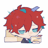 a cartoon character with red hair and blue eyes is holding a piece of paper