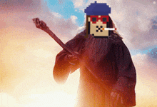a pixel art of a man with a beard smoking a cigarette and holding a sword