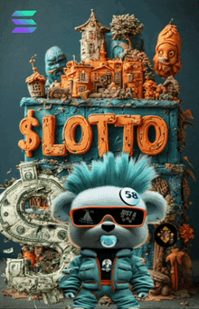 a teddy bear with sunglasses and a pacifier stands in front of a sign that says lotto