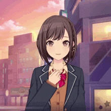 a girl in a school uniform is standing in front of buildings