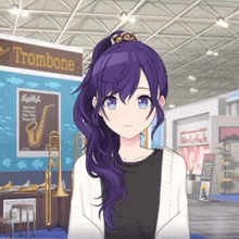 a girl with purple hair and blue eyes stands in front of a trombone sign
