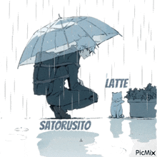 a drawing of a man holding an umbrella in the rain with the words latte satorusito below him