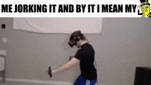 a man wearing a virtual reality headset is holding a dumbbell in his hand .