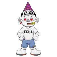 a monkey wearing a party hat and sunglasses has a shirt that says call on it