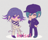 a drawing of two anime characters with the word kelsel in the upper right corner