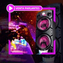 a polaroid speaker with a purple border and a purple play button