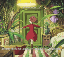 a cartoon of a girl in a red dress dancing in a room